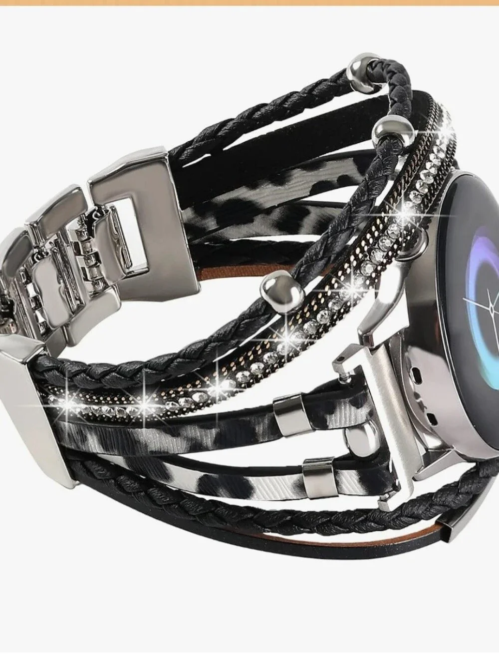 Galaxy Watch Band- Multi-strap Black & White Animal Print Fashion Bracelet